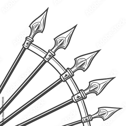 Fan of Spears with Pointed Arrowheads on White Background Keywords: spears, weapons, arms, armament
