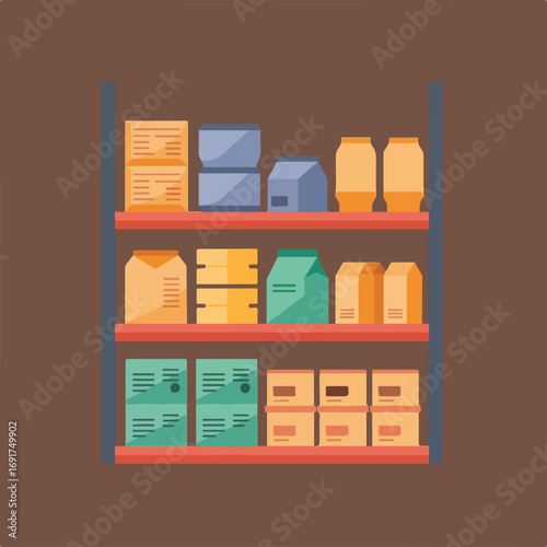The vector image shows a storage shelf, with three shelves filled with assorted boxes and canisters, against a brown background.