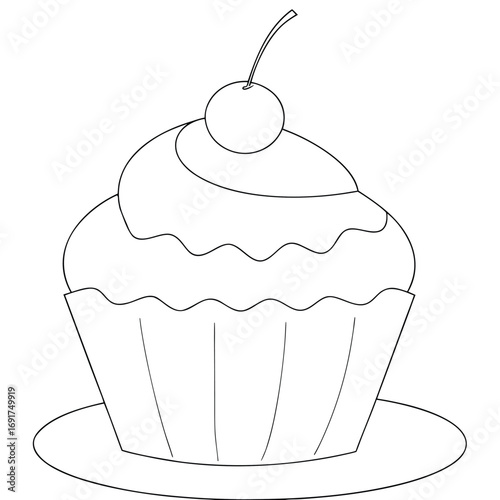 Black and white outline drawing of a cupcake with cherry on top dessert sweet