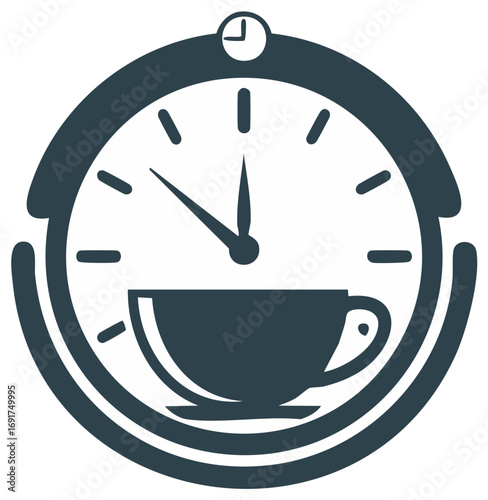 Clock with a hot drink cup icon symbolizing break time, scheduled pause, and time management concept.