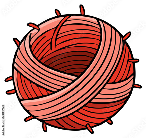 Vibrant Red Ball of Yarn with Loose Strands and Spikes for Crafting and Knitting Projects