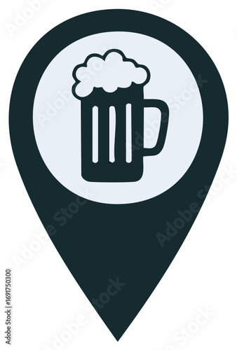 Bar Location Map Pin with Frothy Beer Mug Symbol Isolated Vector Illustration