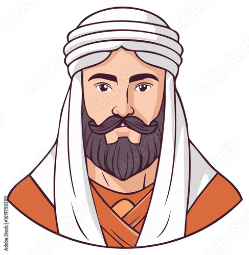 Arabian Man Portrait with Beard and Turban Illustration Middle Eastern Person Traditional Clothing