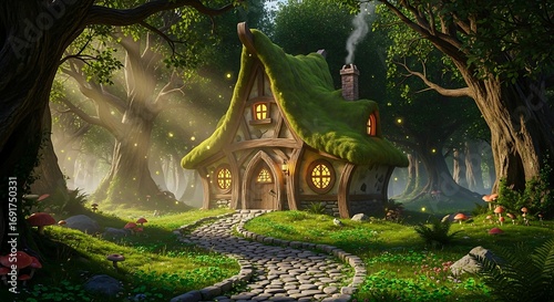 Enchanting Forest Home: Whimsical Cottage with Moss Roof and Cobblestone Path in a Magical Woodland Setting.