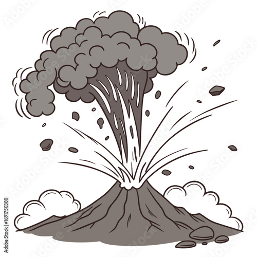 Monochrome illustration of a volcano erupting with debris and smoke on white background Keywords