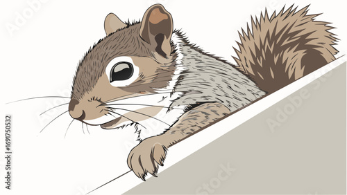 Close up illustration of a curious squirrel peeking over a ledge