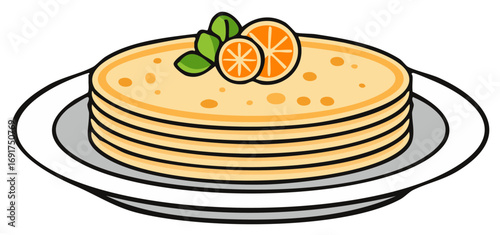 Delicious stack of golden pancakes with orange slices and fresh mint leaves on a plate