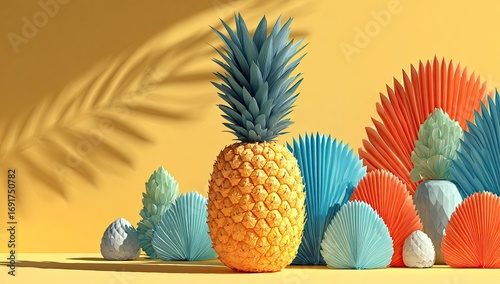 Vibrant pineapple surrounded by pastel seashells and fans
