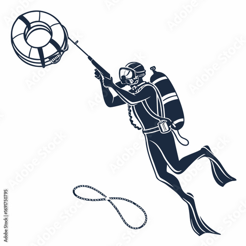 Scuba diver holding lifebuoy with speargun and rope scuba diving underwater