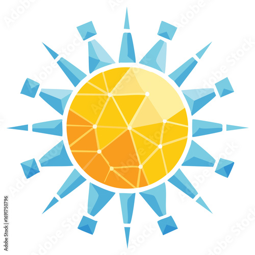 Geometric stylized sun design with yellow and orange segments and blue rays radiating outwards