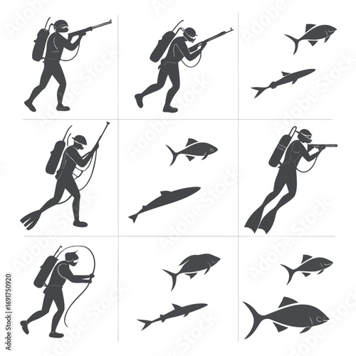 Set of nine spearfishing icons with divers and fish silhouettes on white background Keywords