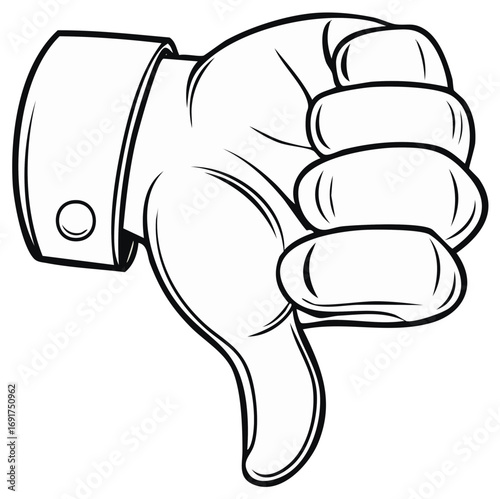 Cartoon Hand Gesture Thumbs Down in Black and White Outline