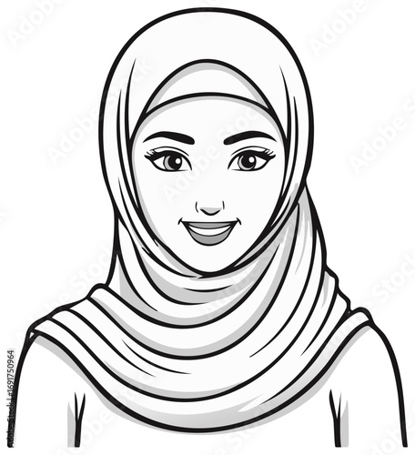Smiling Cartoon Woman Wearing Hijab Head Covering, Vector Illustration