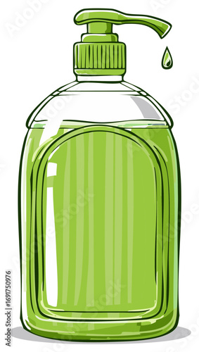 Cartoon illustration of liquid soap dispenser with green liquid and water drop