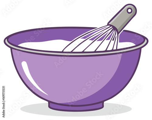 Cartoon illustration of bowl with contents and whisk, baking and cooking concept.