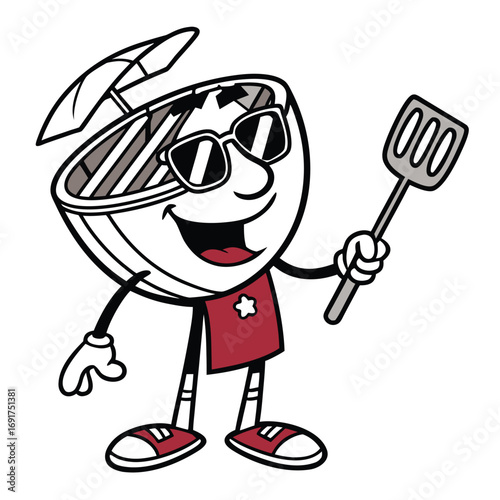 Cartoon Grill Character with Spatula and Sunglasses on White Background Keywords: grill, barbecue, BQ