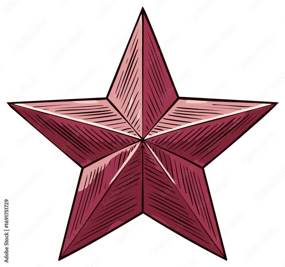 Obraz premium Stylized five-pointed star with burgundy and pink shading and a sketched texture