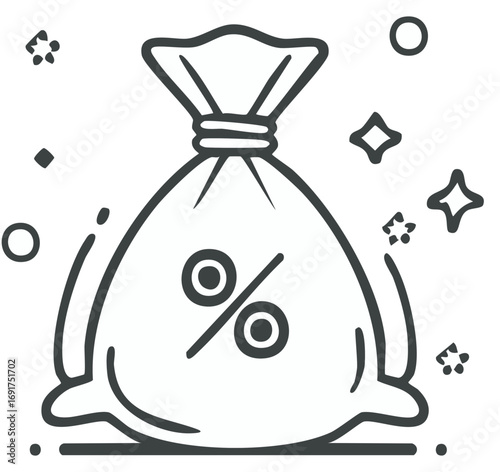 Line art illustration of a money bag with a percentage sign symbolizing discount sales or special financial offers