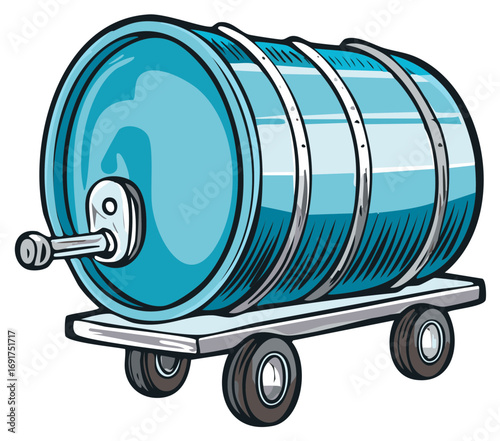 Blue liquid barrel on a rolling cart with a spigot illustration