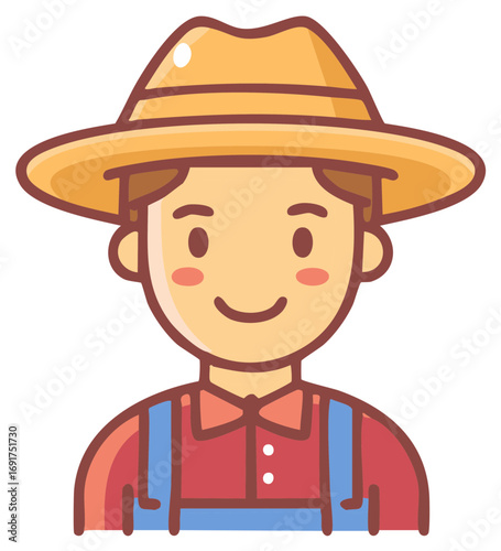 A cheerful cartoon farmer wearing a straw hat and blue overalls smiling brightly
