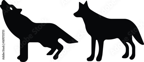 Art & IllustrationWolf icon set.Wolf silhouette icon set. Howling predator sign. Wild canine animal symbol. Vector illustration.A sleek of wolf standing, captured against a clean.Wolf standing, in bla