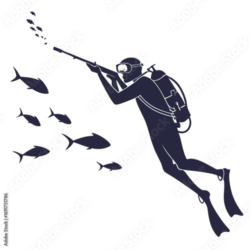 Silhouette of a spearfisher diver with scuba gear hunting fish in the ocean Keywords: diver