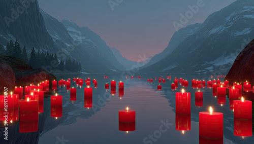 Red candles float on a serene mountain lake at twilight
