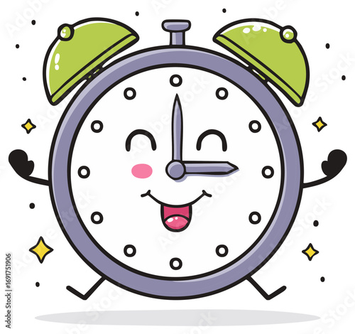 Cute happy alarm clock character jumping and smiling with bells and hands