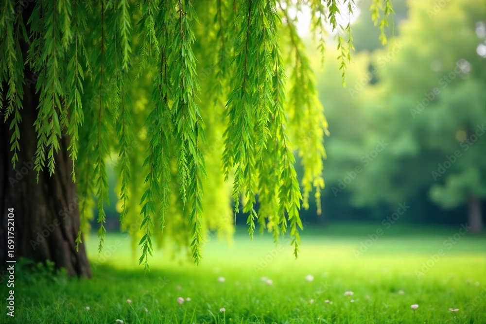 Fototapeta premium Intricate, delicate willow branches laden with vibrant green foliage, swaying gently in the breeze Perfect for nature, spring, and tranquility themes , branches, tree, willow