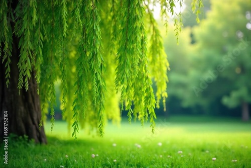 Intricate, delicate willow branches laden with vibrant green foliage, swaying gently in the breeze Perfect for nature, spring, and tranquility themes , branches, tree, willow