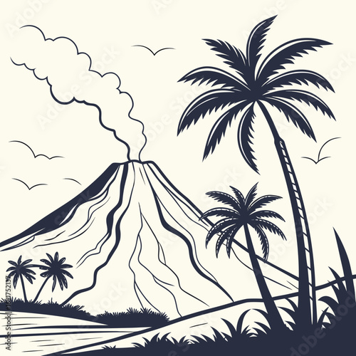 Silhouette of a volcano erupting with palm trees and birds eruption smoke