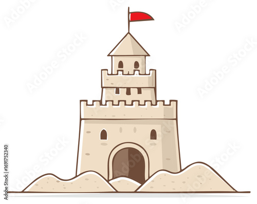 Simple Cartoon Sandcastle Tower with a Red Flag on Sandy Beach