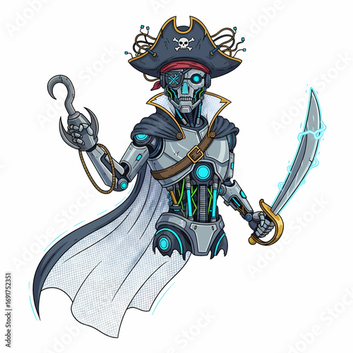 A futuristic robot pirate character, complete with a hook hand, glowing sword, and a tech-infused tricorne hat