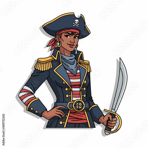A determined cartoon female pirate captain in full regalia, holding a cutlass