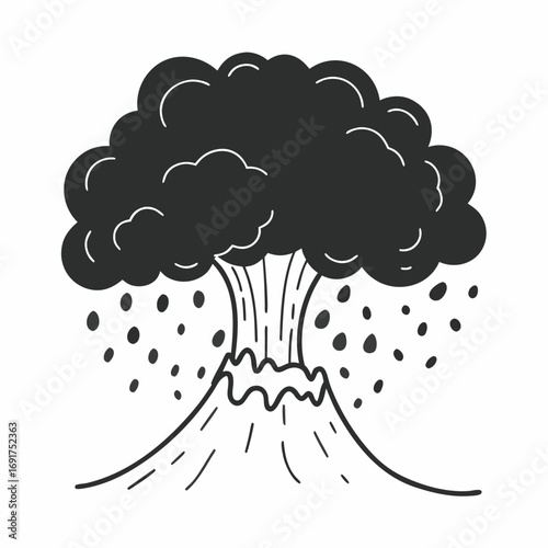 Simple doodle of a volcano erupting ash and rocks with dark cloud Keywords: volcano, eruption, ash