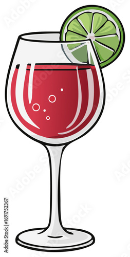 Illustration of a wine glass filled with red liquid and lime slice.