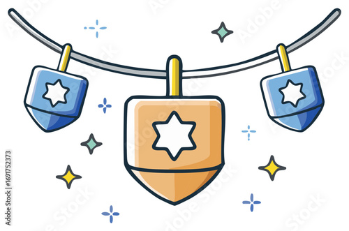 Cartoon illustration of Hanukkah dreidels and star decorations
