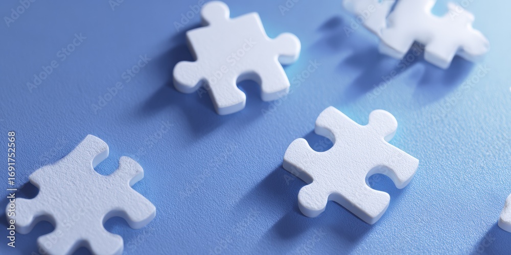 Obraz premium White puzzle pieces scattered on a light blue surface