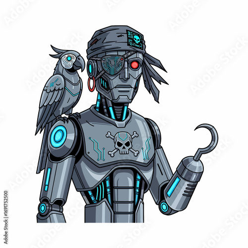 A captivating illustration of a futuristic robot pirate, complete with a hook hand, eye patch, and a mechanical parrot companion