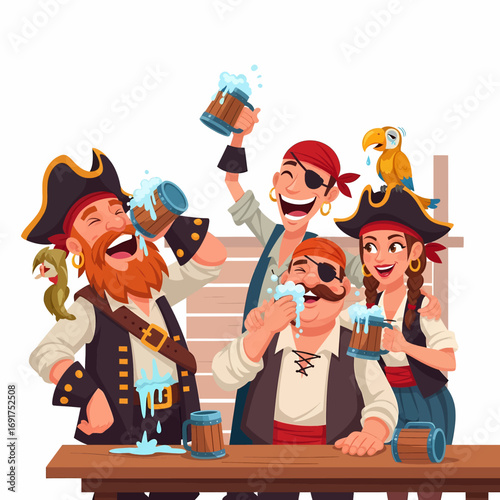 A lively group of cartoon pirates celebrates with tankards of frothy beer at a wooden table