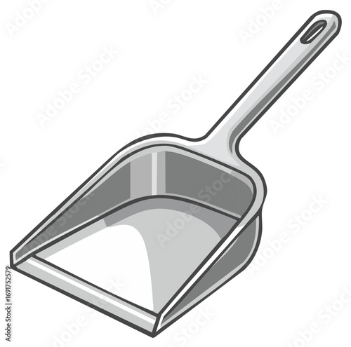 Dust pan illustration in black and white, isometric perspective, for cleaning up waste and dirt.