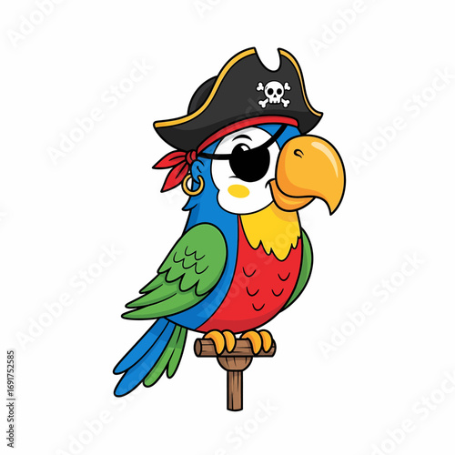 A vibrant cartoon parrot, dressed as a pirate with an eye patch and hat, sits cheerfully on a perch.