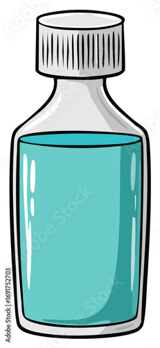 Simple vector illustration of a transparent bottle with turquoise blue liquid and a white ribbed cap