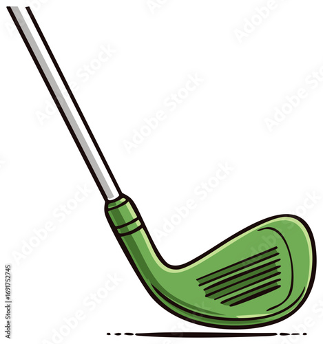 Golf club illustration, iron with green head and silver shaft resting on the ground ready for a swing