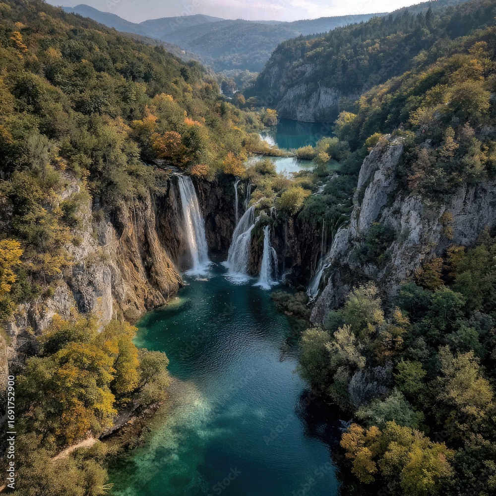 Obraz premium Waterfall cascading into turquoise waters