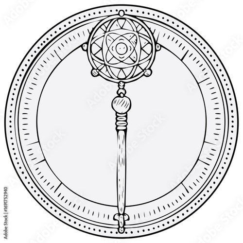 Stylized Mystic Wand Within Decorative Border Black and White Design