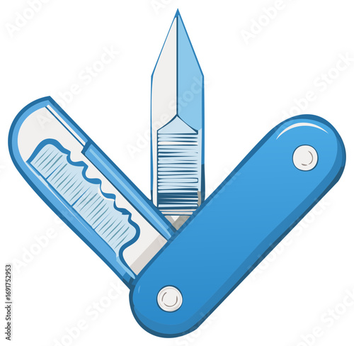 Blue multipurpose knife with comb and file tools, open, portable, stainless steel