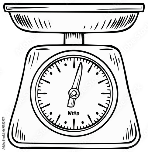 Black and white line art illustration of a classic kitchen weighing scale with an analog dial.