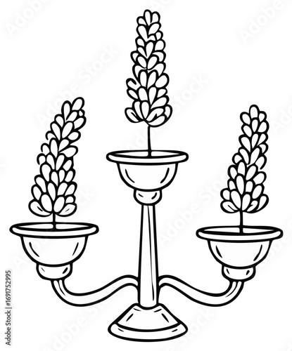 Hand-drawn candelabra illustration with three floral designs, in black and white