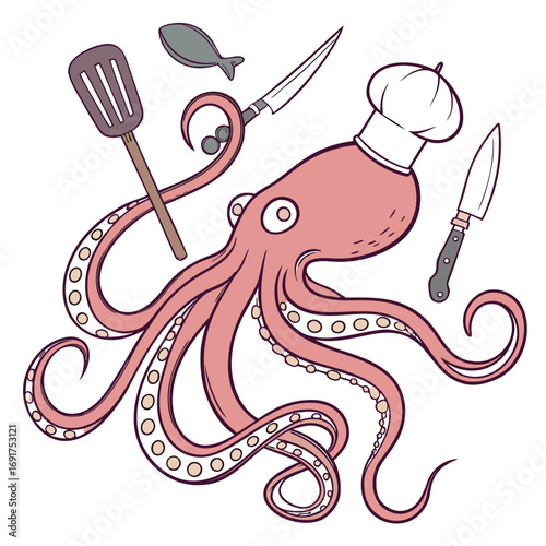 Cartoon octopus wearing a chef hat surrounded by cooking utensils food illustration